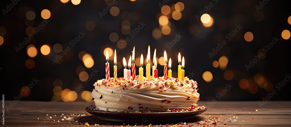 Poster a deliciously decorated cake with candles ready to celebrate a special occasion such as a birthday w