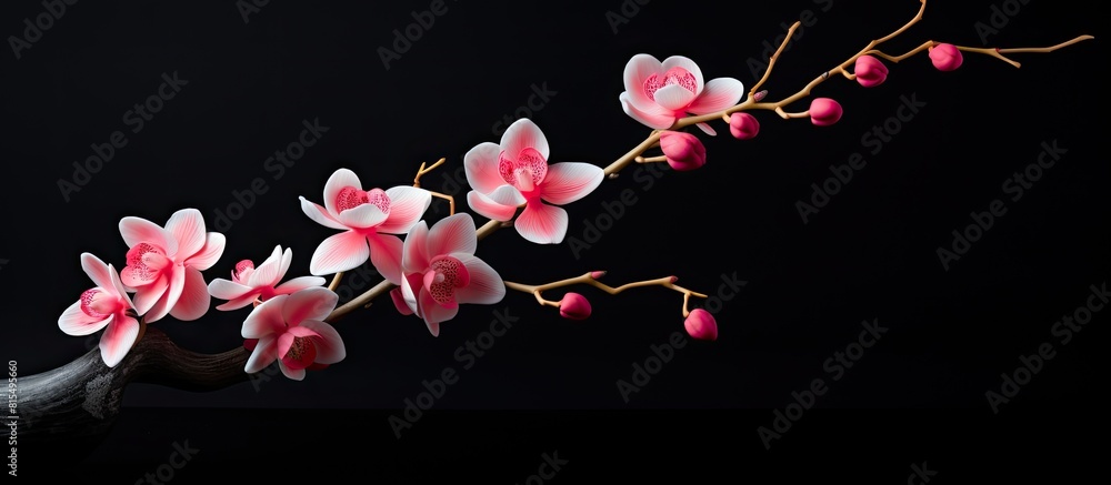 Poster A pink orchid branch displayed in a vase against a black background leaving empty space for an image. Creative banner. Copyspace image