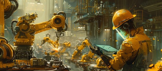 A modern car factory with robotic arms and conveyor belts in production.
