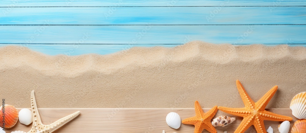 Poster a sunny beach scene with a variety of accessories like sunscreen seashells starfish a towel and flip