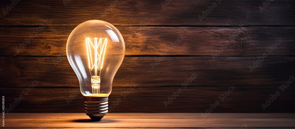 Poster A macro close up of a tiny lightbulb positioned above a rustic wooden backdrop creating a creative idea concept Copy space image