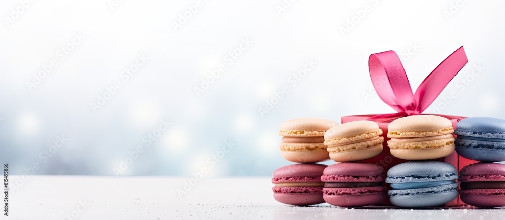 Poster a copy space image of colorful macaroons and a gift box placed against a white backdrop