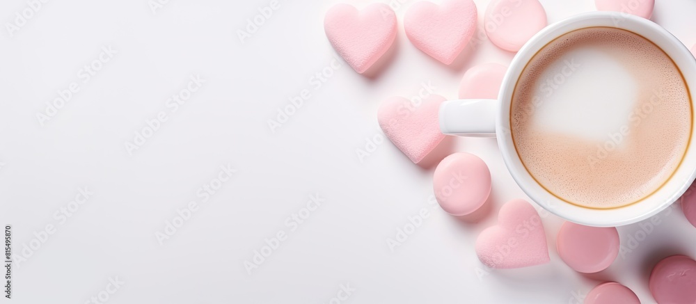 Poster top view of a cup of coffee with a heart shaped pink marshmallow on a white background providing cop