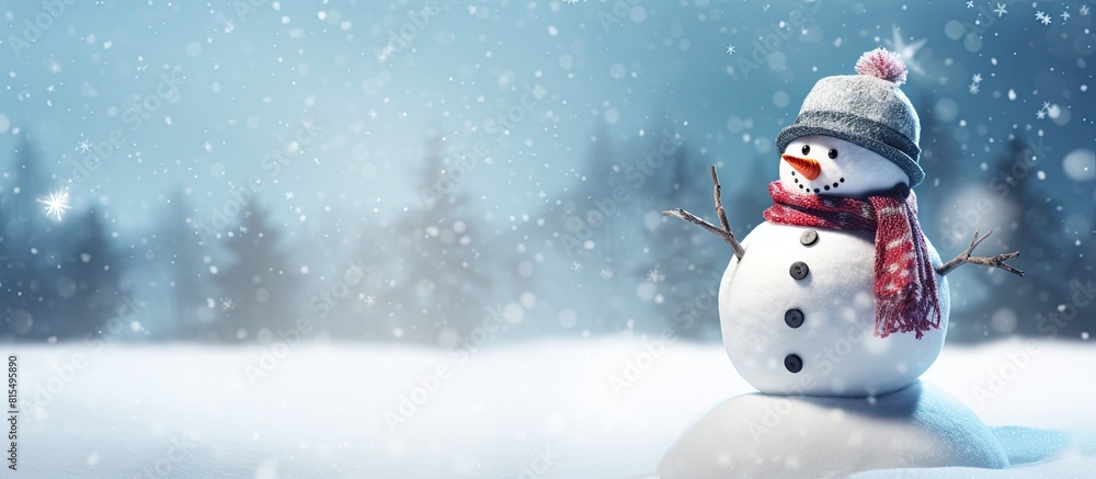 Poster snowman on a christmas and new year holiday background with ample copy space for images