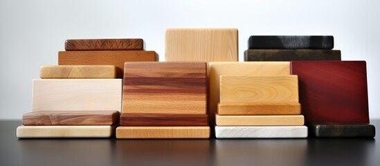 A close up view of various wooden cutting boards neatly stacked on a white table with ample space for copy or additional images