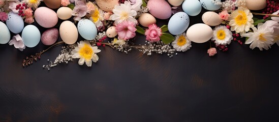 A top down view of a decorative Easter background with pastel hand painted eggs spring flowers and empty space for text. Creative banner. Copyspace image