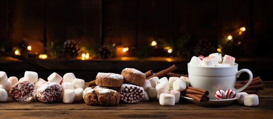 An appetizing copy space image of festive Christmas treats including chocolate in a mug adorned with marshmallows and gingerbread showcased on a rustic wooden table