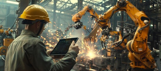 A modern car factory with robotic arms and conveyor belts in production.