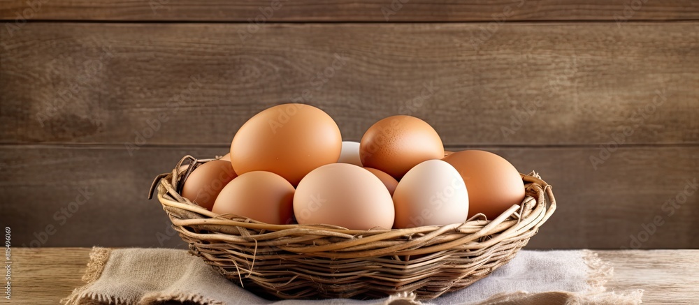Poster Organic fresh eggs arranged in a basket on a rustic wooden table with free copy space for placement of objects Symbolizing the concept of wholesome and natural food emphasizing care and comfort