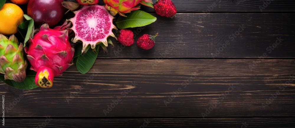 Aufkleber a top view image of dragon fruit and other tropical fruits on a wooden background with ample copy sp