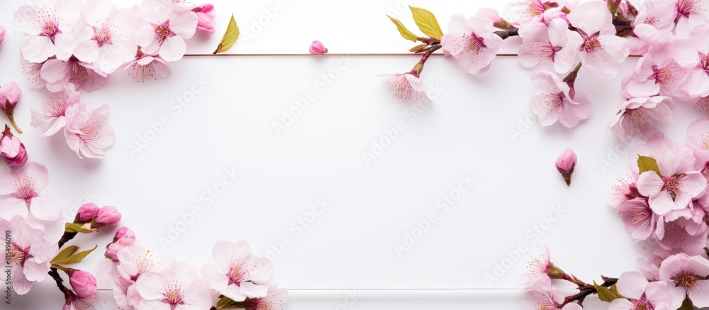 Aufkleber A flat top view of a box isolated on a white background showcasing a beautiful frame consisting of pink and white almond blossoms with spring blooming branches The image offers ample copy space