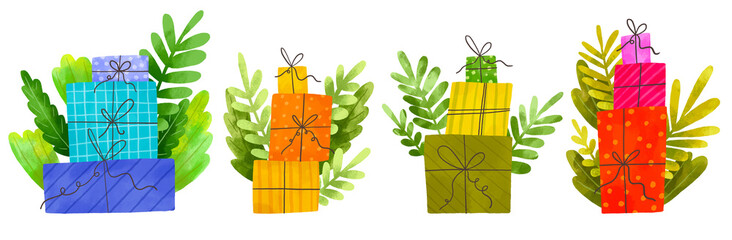Set of colored giftboxes compositions. Present boxes with branches and leaves. Botanical design. Hand drawn cartoon illustration on isolated background. Christmas clipart
