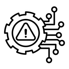 AI risk image icon. There is an exclamation mark inside the gear. A circuit comes out from the gear.