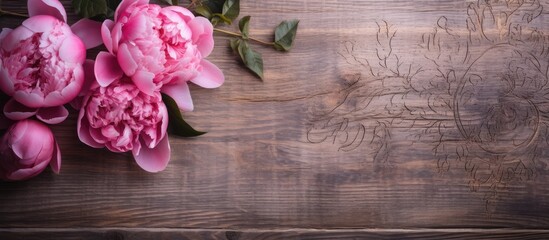 Top view of an old grunge painted board with a pink peony and a heart carved in wood creating a stylish copy space image