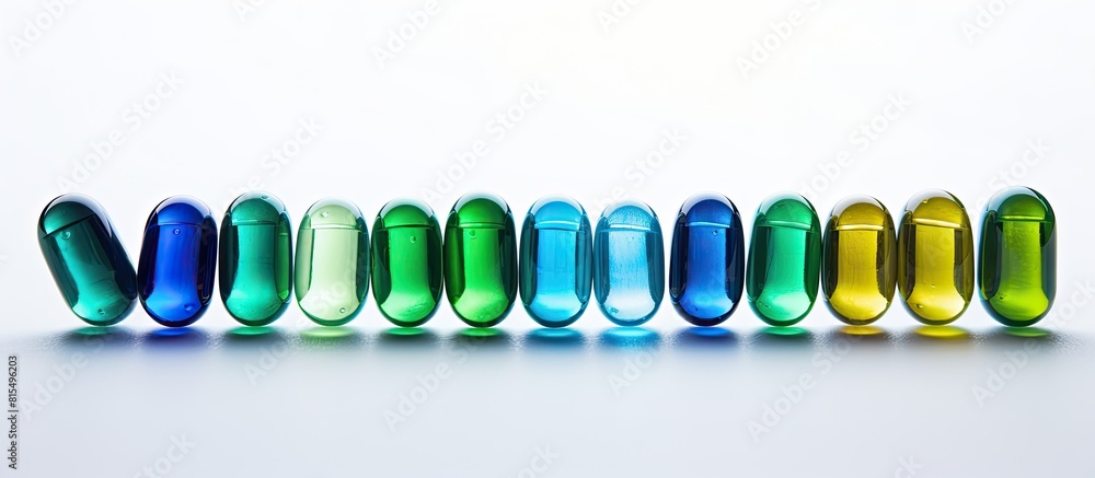 Poster a colorful assortment of medicine capsules in shades of blue and green displayed against a white bac