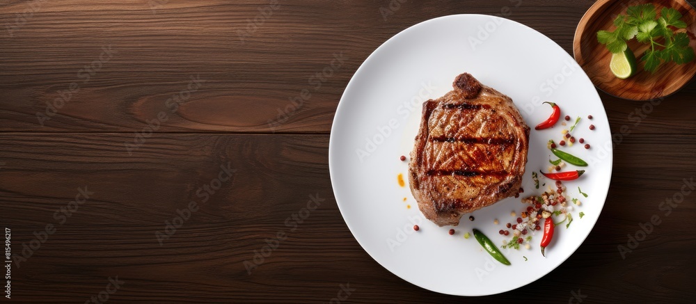 Aufkleber top view of a plate with a mouthwatering veal steak topped with chili pepper and pear providing a vi