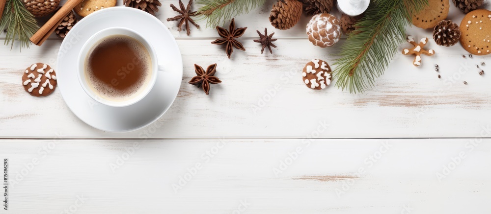 Poster top view of a christmas themed tea cup accompanied by gingerbread cookies and other sweet treats pla