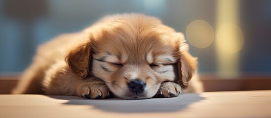 The image portrays a small adorable puppy peacefully sleeping in the frame surrounded by empty space. Creative banner. Copyspace image