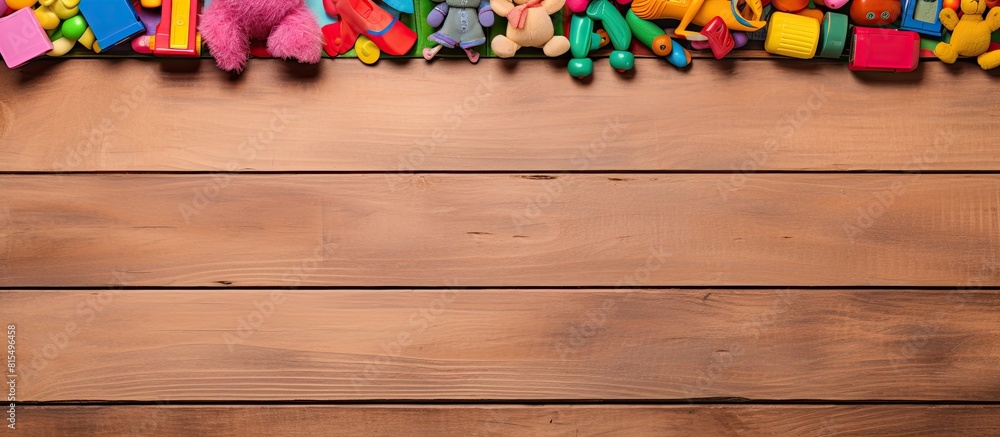 Aufkleber A vibrant frame made of colorful kids toys is displayed on a wooden background as seen from a top view perspective The image is laid flat and provides ample space for text