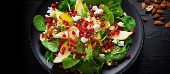 Healthy vegetarian food consisting of a salad composed of spinach leaves pear slices mixed nuts pomegranate seeds and feta cheese The dish is beautifully presented on a black plate and captured from