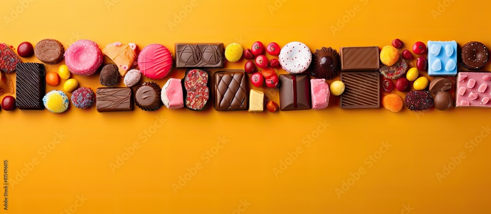 Poster A vibrant assortment of candy arranged on a colorful background seen from above in a flat lay style The image features a border made up of various types of chocolate coated candy Perfect for copy spa