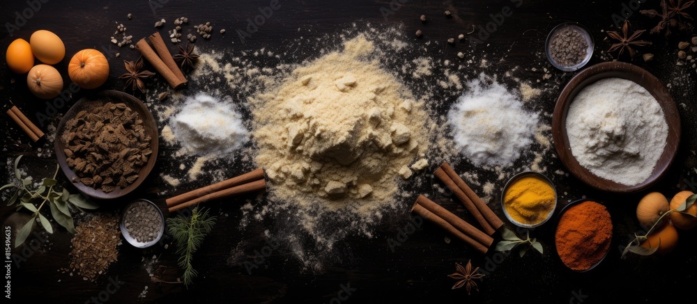 Poster a top down view of a halloween themed baking background on a black backdrop featuring sugar powder b
