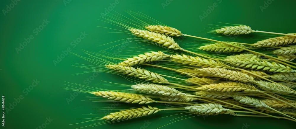 Aufkleber a top down view of a vibrant green background with a bunch of wheat stems and ears representing the 