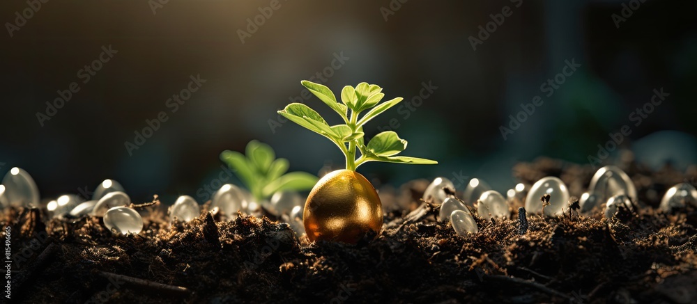 Poster A sprout emerges from an eggshell on a stack of bitcoins representing the concept of financial growth through cryptocurrency investment Copy space image