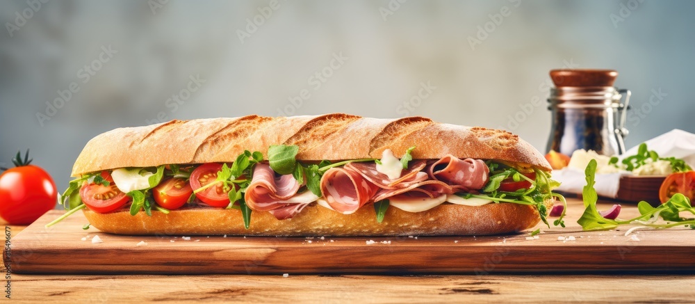 Poster a copy space image featuring a wooden board with a baguette toast adorned with arugula mortadella ha
