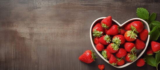 A wooden love word and plate of strawberries on a grey stone background with plenty of space for adding images or text. Creative banner. Copyspace image