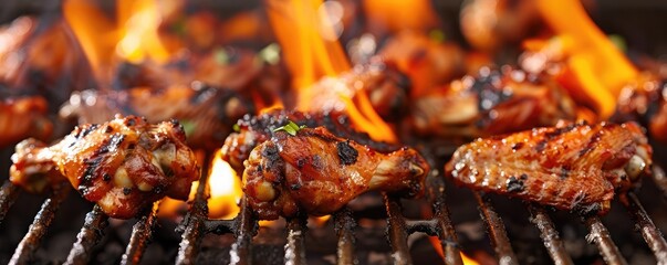 Deliciously grilled chicken drumsticks sizzling on a barbecue grill with flames, depicting summer outdoor cooking.
