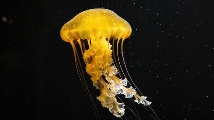 A yellow jellyfish against a black backdrop