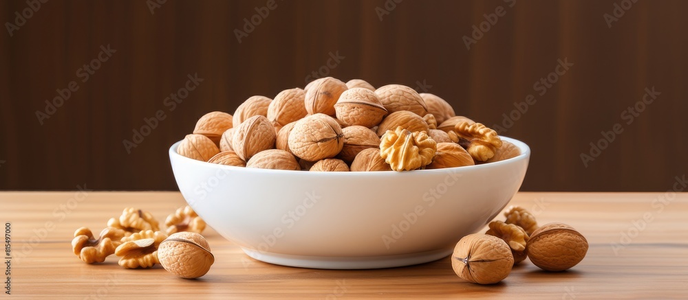 Aufkleber A bowl containing a mixture of walnuts and peanuts with plenty of space for a copy space image
