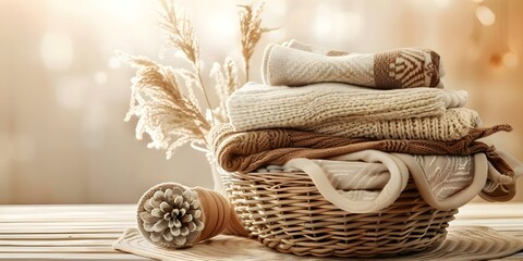 Fototapeta premium Organized and inviting laundry basket with neatly folded blankets in neutral colors on a light background. Concept Organized Home, Laundry Essentials, Neutral Decor, Light Background, Decluttering