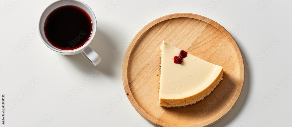 Poster a cheesecake on a wooden plate sits alongside a cup of black coffee on a white background creating a