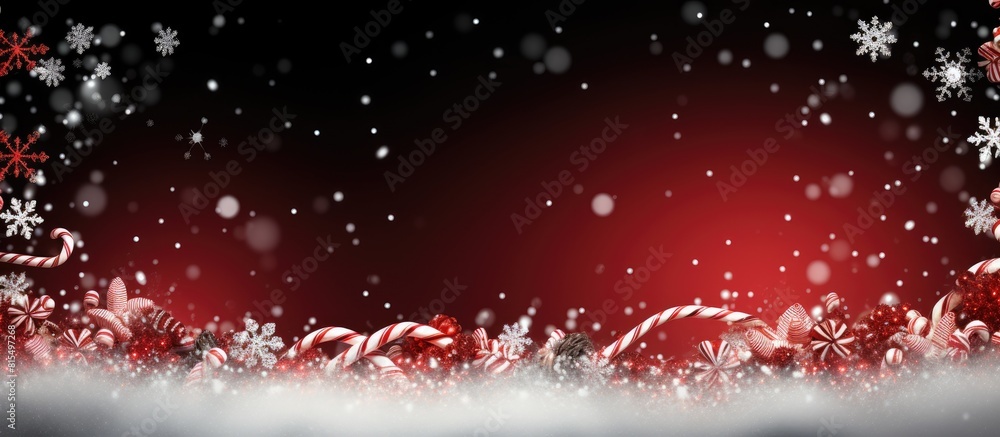 Poster a festive background with candy canes a snowflake and a red necklace it represents the christmas and