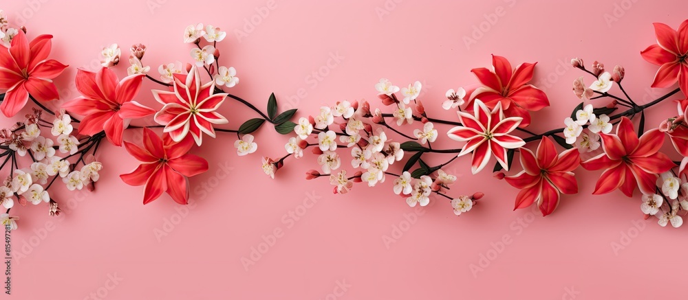 Poster A floral arrangement with red Flam boyant flowers on a pink backdrop creating a pattern The image has copy space and represents the concepts of Easter spring and summer The view is from above in a fl