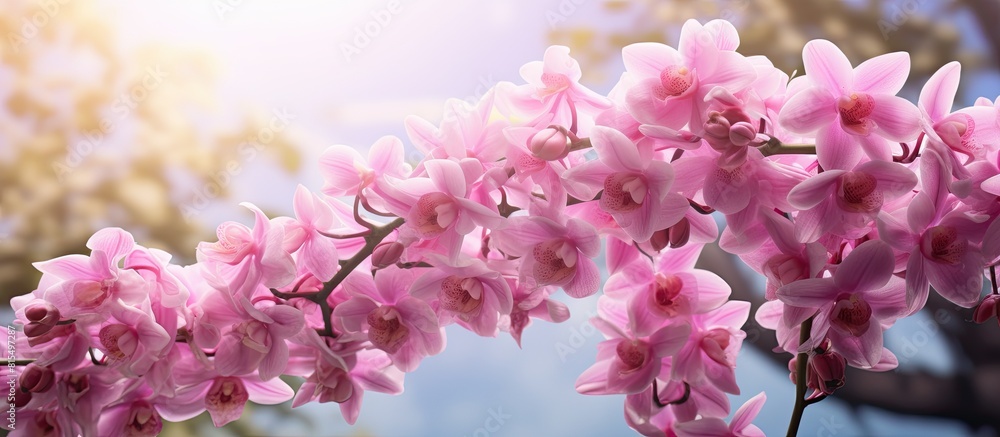 Poster A stunning pink Rhynchostylis gigantea orchid with a backdrop of a tree creating an image with copy space