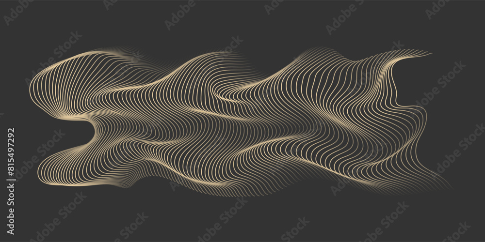 Poster abstract vector wavy lines flowing smooth curve gold gradient color on black background in concept o