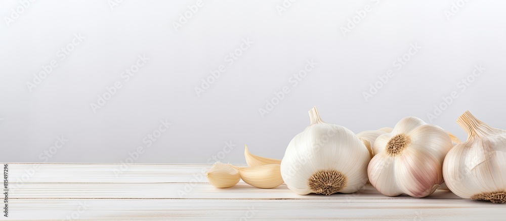 Poster a copy space image of organic garlic fresh and aromatic placed on a clean white wooden table with ro