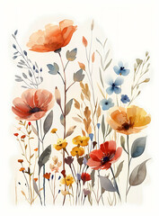 Fototapeta premium minimalist wildflower watercolor painting, eadow with ixed flowers Illustration