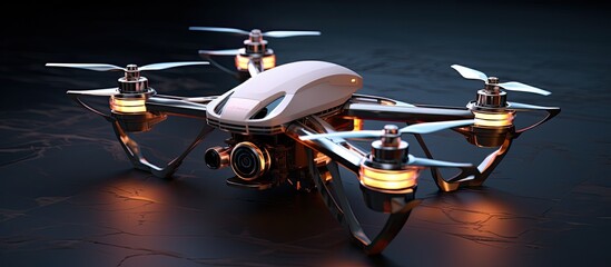 A drone with a compact design and a protective guard for its propellers 46 characters. Creative banner. Copyspace image