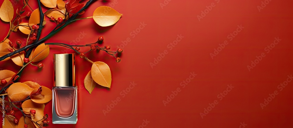 Poster Top view of a golden branch and nail polish on a colorful background providing ample space for text alongside the image