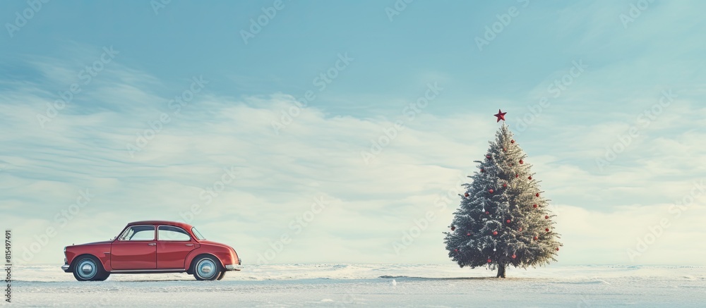 Poster there is a copy space image with a christmas tree and a car