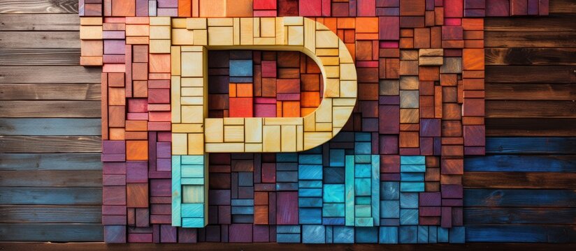 A capital letter P created from various colorful wooden rectangular blocks stands out on a white background providing ample copy space for additional elements