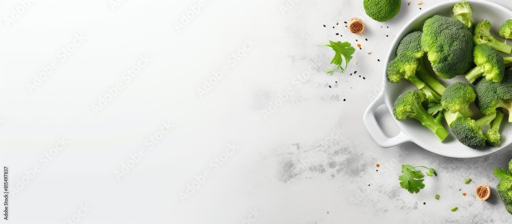 Poster The vegan diet concept is illustrated in a close up top view of a white ceramic bowl filled with a pile of raw green broccoli placed on a countertop In the background there is an empty frying pan on