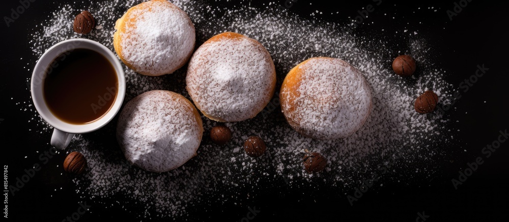 Leinwandbilder Breakfast with powdered sugar donuts buns and coffee on a black background viewed from the top with ample space for additional images or text