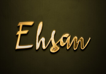 Old gold text effect of Arabic name Ehsan with 3D glossy style Mockup	