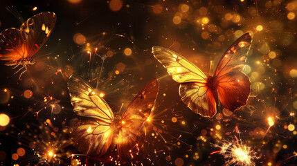 Butterflies twirl and pirouette amidst the night sky, their wings ablaze with the brilliance of fireworks