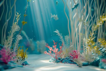 A serene underwater scene with a lot of green plants and a few fish